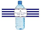 Navy Blue, White & Gold Frame with Nautical Anchor Water Bottle Labels Wedding Birthday