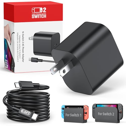 Image of Switch 2 Charger with 6.6FT(2M) Charging Cable - 60W AC Power Adapter Support 4K TV Dock Mode, Power Supply 20V /3A for Nintendo Switch /OLED /Lite&Steam Deck, Xbox 360 Console - Original Quality (6.6FT)