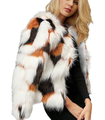 INVACHI Women's Cropped Faux Fur Coat Warm Winter Open Front Short Fur Jacket Color Block Outerwear