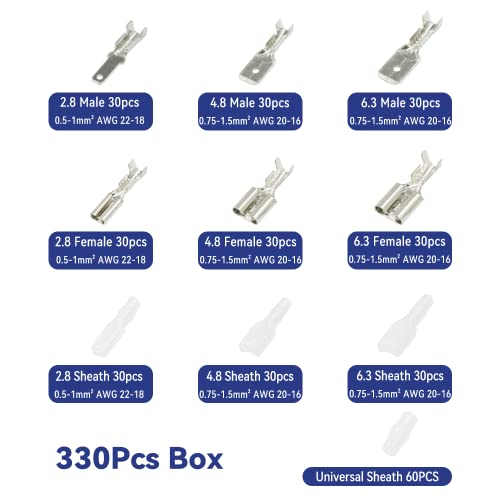 Hks Open Barrel Crimping Tool With 330Pcs Male Female 2.8Mm 4.8Mm 6.3Mm Spade Connectors Kit - 24-16 Awg (0.25-1.5Mm²) Labor-Saving Crimper Amp-Te 2.8/4.0/4.8/6.3 Jst-Sm2.54/Xh2.54/Vh3.96 & Molex #TOP1