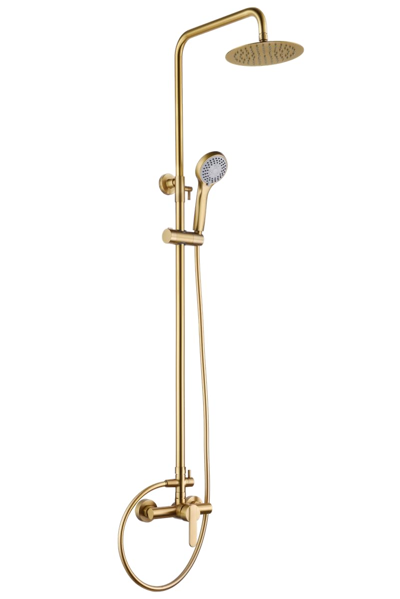 IMEX - Columna Ducha Oro Cepillado con Grifo | Conjunto de Ducha Monomando con Alcachofa y Rociador Antical | Griferia en Latón y Acero Inox S.304 con Barra Extensible | Serie Roma