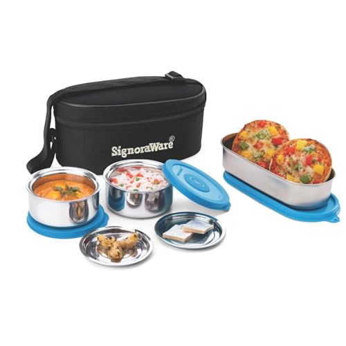 Image of Signoraware Double Decker Stainless Steel Lunch Box | Airtight & Leakproof | Ideal for Office & School Meals | Great for Travelling & Outdoors (260ml + 260ml + 650ml | Blue)