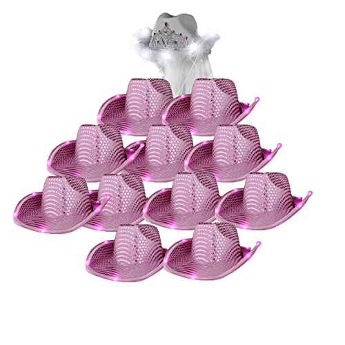 blinkee Pack of 12 Bachelorette Pink Sequin Cowboy Hat and White LED Tiara Cowgirl Cowboy Hat with Veil for Bridal Party