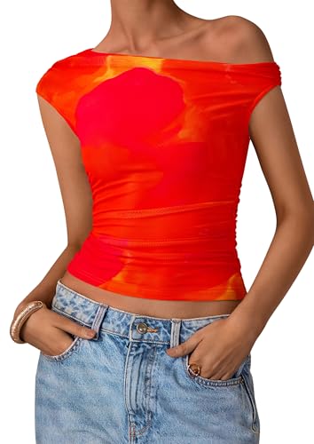 PRETTYGARDEN Women's Off Shoulder Tops 2025 Summer Floral Mesh Going Out Crop Tank Tops Asymmetrical Tight Y2K Shirts Clothes