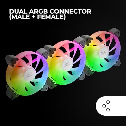Marsgaming MF-3A, Kit 3X Ventole Fdb Ultra Silenziose 120Mm, Illuminazione Argb Rainbow 360° Senza Cornice, Ventole 3In1 Compatibilità Completa, Doppio Connettore Maschio + Femmina, Nero - 5