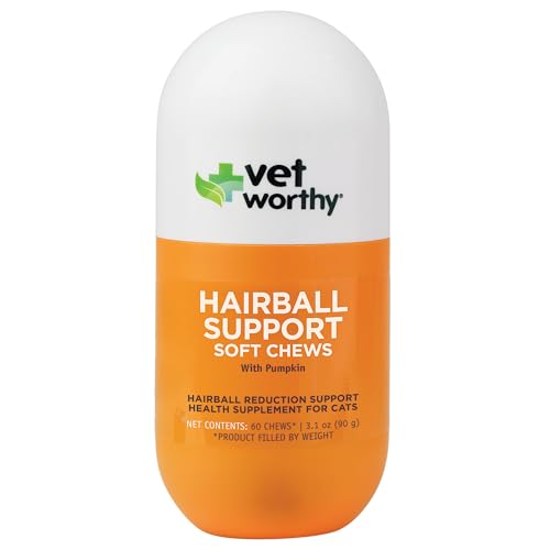 Vet Worthy Cat Hairball Remedy - Preventative Hairball Support for Cats with Pumpkin and Psyllium Husk for Added Fiber - Aids in Daily Cat Digestive Support & Furball Control - 60ct