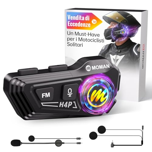 Moman Auriculares Casco Moto - Asistente de Voz, RS-H4P Manos Libres Auriculares Inalámbricos HiFi Estéreo Dual Reducción de Ruido Batería 1000mAh/RGB/Radio FM/Botón Apto para Guantes (Black-H4P)