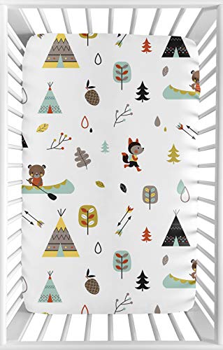 Image of Sweet Jojo Designs Stone and Aqua Woodland Animals Baby Boy Fitted Mini Portable Crib Sheet for Outdoor Adventure Collection - for Mini Crib or Pack and Play ONLY