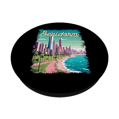 Benidorm Vacation Retro Landscape PopSockets Swappable PopGrip, Black - Image 2