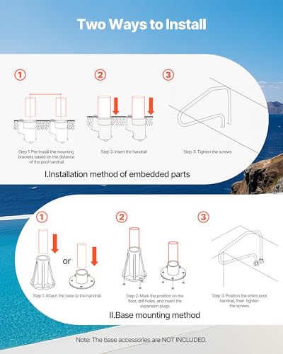 Image of VEVOR Pool Rail, 48 x 32 inch Pool Handrail, 220 lbs Load Capacity Heavy Duty Stainless Steel Swimming Handrail, Seamless Welding, Recessed or Base Mount, for Poolside, Water Parks, Spa Centers