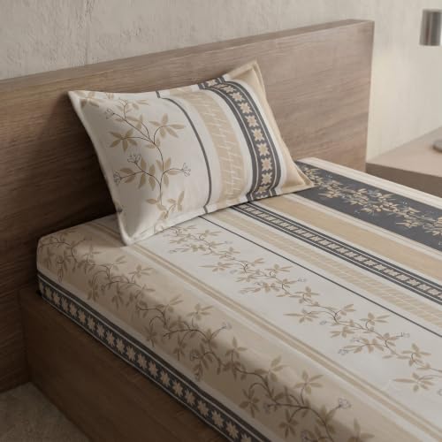 Image of Home Sizzler Microfibre Floral Striped Print All-Around Elastic Fitted Single Bedsheet (36 x 72 Inches) with 1 Pillow Cover - Beige & Grey