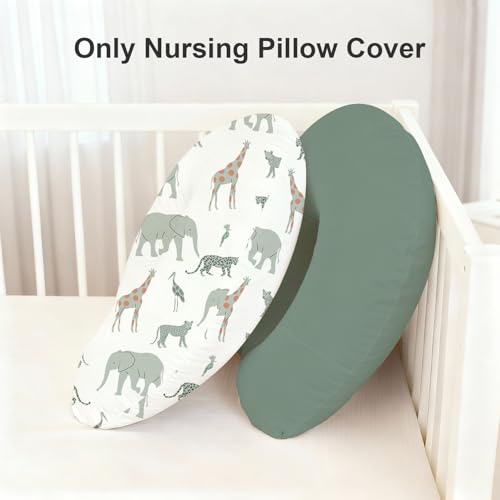 Image of Little Grape Land Nursing Pillow Covers 2 Pack, Soft & Breathable Removable Breastfeeding Pillows Covers for Feeding Pillows, Nursing Pillow Slipcover for Baby Girls Boys, (Safari & Green)