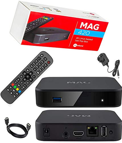 MAG 420 Original Infomir 4K IPTV Set TOP Box MAG420 Reproductor multimedia Internet TV IP Receptor UHD 2160p @ 60FPS HDMI 2.0 HEVC H.265 y H.264 ARM Cortex-A53 + cable HDMI + enchufe británico