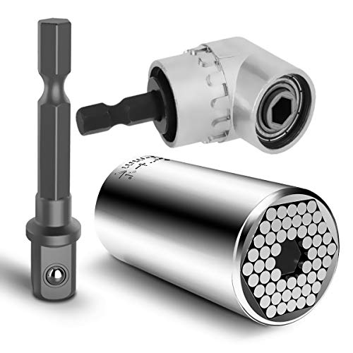 Multi-function 1/4"-3/4" Ratchet Universal Sockets Metric Wrench Power Drill Adapter Set and 105 Degree Right Angle Extension Power Screwdriver Drill Attachment 1/4" Drive 6mm Hex Magnetic Bit