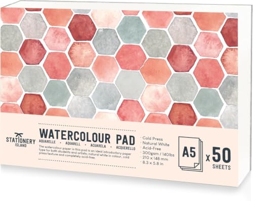 STATIONERY ISLAND Watercolour Paper A5 Pad 50 Sheets - Natural White 300gsm Glue Bound Cold-Pressed Texture Watercolour Sketchbook for Painting Drawing and Mixed Media