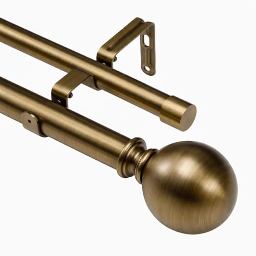Brass Double Curtain Rods, Heavy Duty Decorative Drapery Rod 36-72 Inches, Telescoping Drapery Rod with Twisted Cage Finials 36"-72" Antique Brass