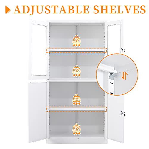 Anxxsu Metal Storage Cabinet With Doors And Shelves，71" Locking Steel Storage Cabinet With Tempered Glass Door, With 2 Adjustable Shelves And 4 Doors For Home, Office, Garage Storage (White) #TOP3