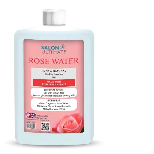 Image of Salon Ultimate Pure & Natural Rose Water Facial Toner 250ml | Made with Pure Rose Petals for Fresh and Glowing Skin | Hydrating Skin Cleanser & Face Pack Mixer | Designed in the UK