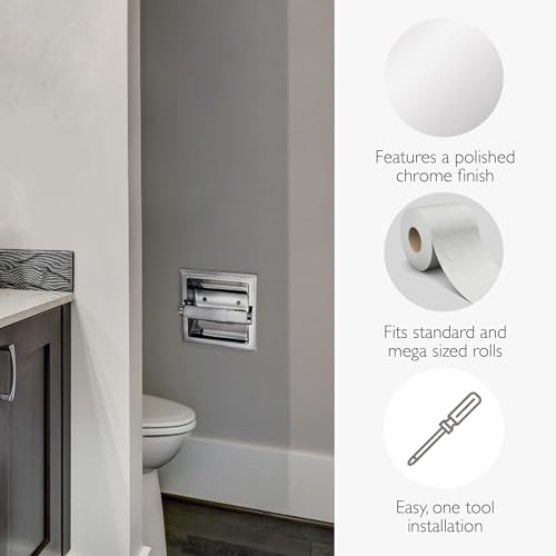 Image of Design House Millbridge Toilet Paper Holder, Recessed, Fits Mega Rolls, Standard Wall Mount, Concealed Screws, Easy Installation, Polished Chrome, 6.1 in L x 7.4 in W x 3.26 in H, 533125