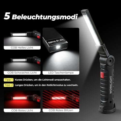 LED Werkstattlampe 4 Stück, Geschenke für Männer Mechaniker Arbeitsleuchte | Taschenlampe | Wiederaufladbar Werkstatt Handlampe mit Magnet und Haken für Autoreparaturen Werkzeug und Camping