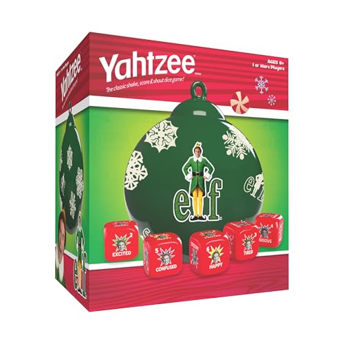 YAHTZEE: Elf Edition Exclusive Holiday Ornament Cup Featuring Buddy Roll the dice & Spread the Christmas Spirit Classic Dice Game for Fans Adults & Families Official Elf Merchandise & Collectible