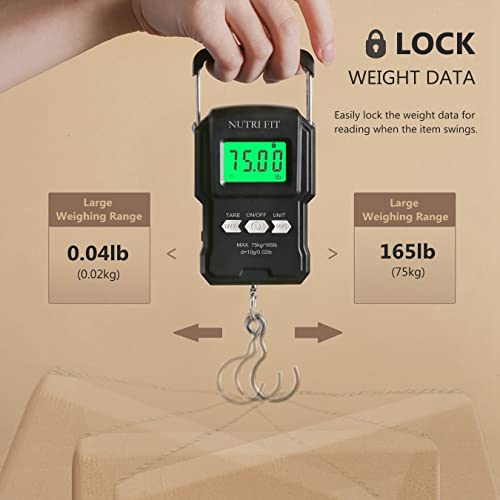 NUTRI FIT Luggage Weight Scale Fish Weighing Scales Digital Handheld Suitcase Weigher with Hook, 165lb/75kg with Measuring Tape for Travel, Fishing, Gifts3
