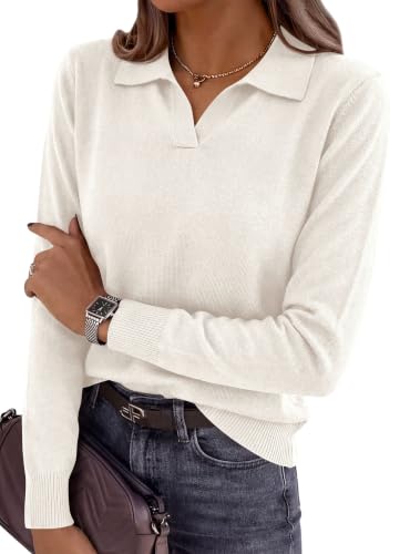 PRETTYGARDEN Womens Long Sleeve Collared Polo Sweater V Neck Knit Ribbed Business Casual Pullover Sweaters 2026 Fall Outfits (White,Large)