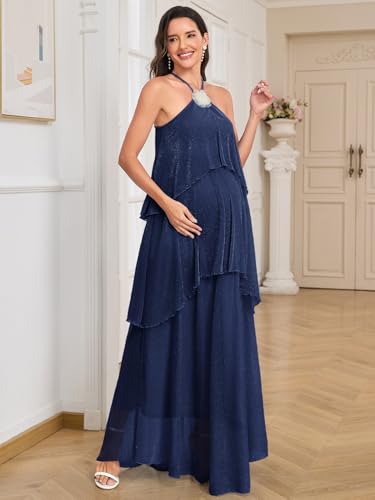 Image of AISWI Maternity Halter Neck Maxi Dress Sparkly Mesh Tiered Ruffle Pregnancy Gown with Flower for Baby Shower Photoshoot