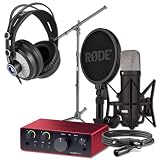 Rode NT1 Signature Series Black Recording Bundle with Focusrite Scarlett Solo Interface, StreamEye Cans50 Headphones, and On-Stage MS7701B Floor Stand — 4 dBA Self-Noise, 48V Phantom Power, Air Mode