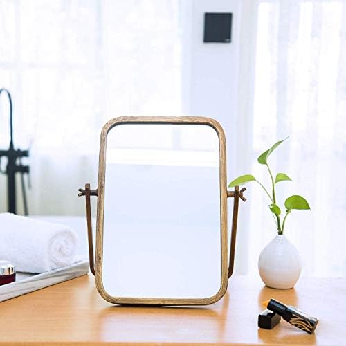 Vintage Vanity Table Mirror - Makeup Cosmetic Standing Desk Mirror 360 Swivel Metal Framed Gold Rectangle Mirror for Boho Room Decor Office Desk Bathroom Counter Bedroom Dressing Table Antique