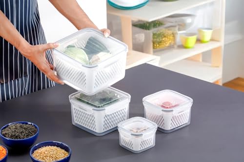 Image of Arto Food Storage Containers with Ventilated Produce Saver Baskets | Set of 4 Airtight Fridge Organizer Boxes | Keep Vegetables & Fruits Fresh Longer | Stackable Kitchen Container (White, 4-Piece Set)