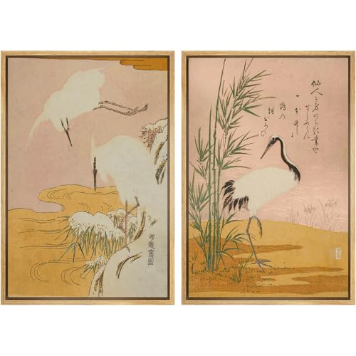 SIGNWIN Framed Canvas Print Wall Art Set Japanese Crane Vintage