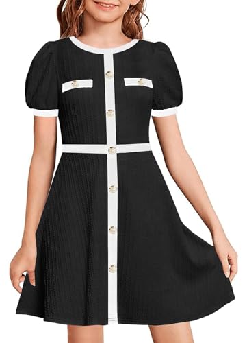 YOVION Girls Summer Dress Puff Sleeve Crewneck Button Color Block Casual Party Dresses with Pockets for 6-12 Y