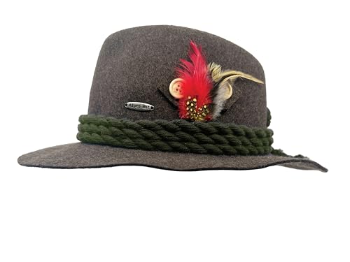 German Hat | 100% Wool Hats for Men & Women - Bavarian Tirol Alps Wool Hat with Feather & Sweat Band | Brown Fedora