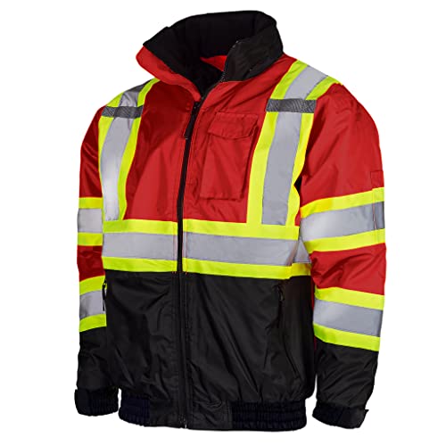 Jorestech High Visibility Reflective Safety Bomber Jacket Waterproof X In Back Ansi/Isea Class 1 Type O/ Csa Z96 (L, Red) #TOP3