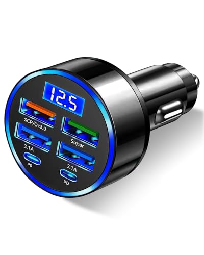 6 in 1 USB C Car Charger Adapter, 66W Super Fast Charging Cigarette Lighter USB Charger Socket 12-24V with LED Voltmeter for iPhone iPad Android Samsung Galaxy