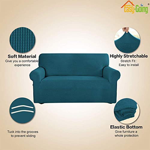 Image of Easy-Going Stretch Loveseat Slipcover 1-Piece Sofa Cover Furniture Protector Couch Soft with Elastic Bottom for Kids Polyester Spandex Jacquard Fabric Small Checks (Loveseat, Peacock Blue)