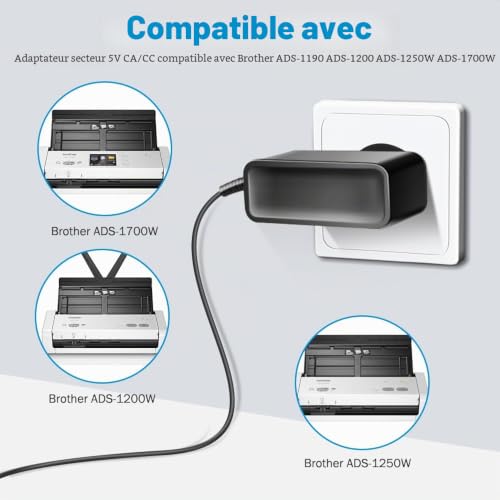 KFD 5V 3A Adaptateur Secteur Chargeur pour Brother ADS-1190 ADS-1200 ADS-1250W ADS-1300 ADS-1700W Compact Color Desktop Scanner ADS1700WUN1 SA-AD-001 US UU318-0530 Source d'alimentation Charger – vue 3