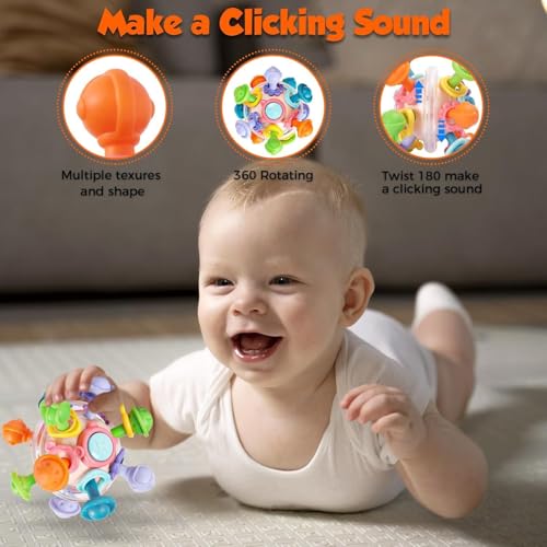 Image of Baby Montessori Sensory for 0-6 6-12 Months, Baby Teether Teething for Babies 0 3 6 9 12 18 Months, Newborn Infant Learning Developmental Gifts for 1 2 Year Old Boys Girls (Transparent Round Pink)