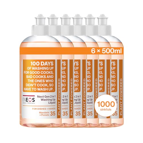 INEOS Next-Gen 2in1 Washing Up Liquid, 3L (500ml x 6), 1000 Sinkfuls, Dishwashing + Handwashing, Plant Powered, Pomelo + Yuzu, Packaging May Vary