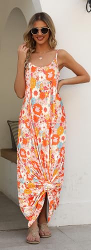 Image of Supnier Women's Summer Maxi Dress Casual V-Neck Sleeveless Bohemian Spaghetti Strap Floral Long Maxi Dress with Pockets