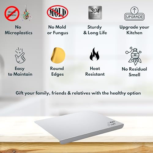 Image of Stainless Steel Countertop Chopping Board 35x30 cm | Kitchen Top Rust-Free Metal Cutting Board | Compact Steel Vegetable Meat Fish Fruit Cutter Board | Hygienic Heavy-Duty Food Prep Surface