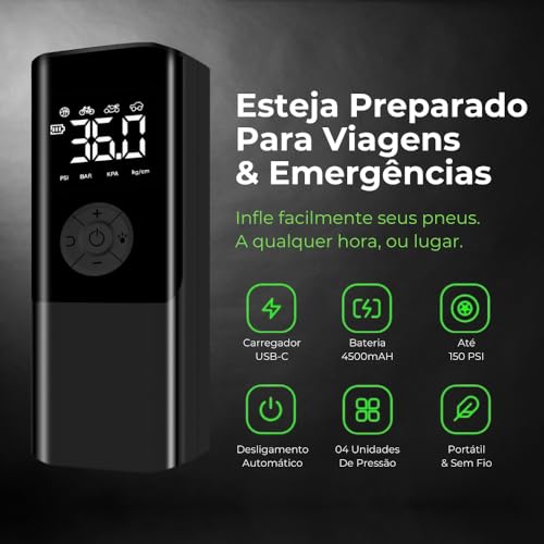 Bomba de Ar Portátil: Compressor Digital, 150 PSI, Bateria 4500mAh, Infla Pneus, Bolas, Colchões, Bo