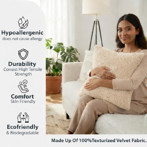 Image of Premium Faux Rabbit Fur Cushion Cover 16X16 Inch - Set of 1 | Soft Plush Decorative Square Throw Pillow Covers with Velvet Back, Washable Cushion Covers for Sofa, Couch & Bed - [Beige]
