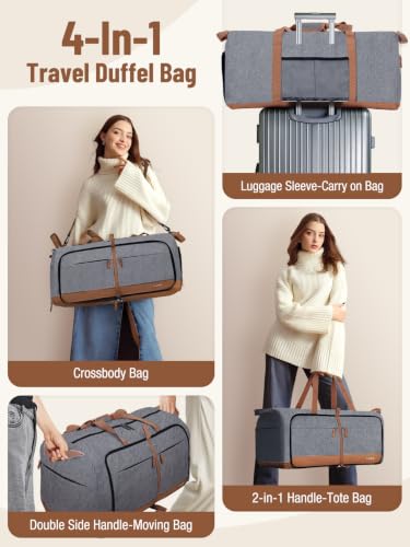 Image of Lekesky Foldable Travel Duffel Bag for Women, 80L Large Duffle Bag with Separate Shoes Compartments & Straps, Carry On Weekend Bag for Women, Hospital, Overnight(Grey)