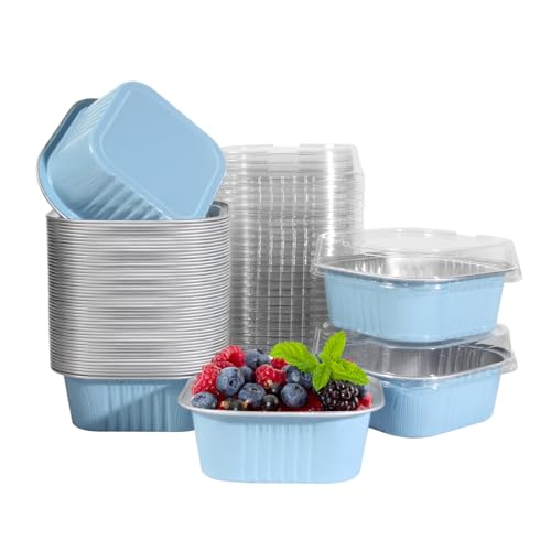 50 Pcs Mini Square Baking Cups with Lids,10oz Aluminum Foil Mini Cake Pans with Lids,Disposable Ramekins Cake Pans,300ml Dessert Cups Cupcake Pans for Wedding Birthday Party,Skyblue