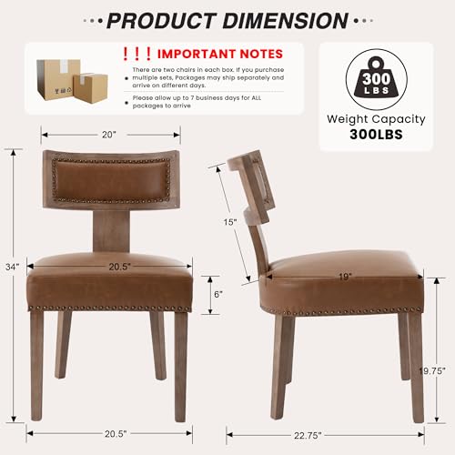 Image of HNY Mid Century Modern Dining Chairs Set of 6, Farmhouse PU Leather Upholstered Accent Chairs Curved Nailhead Trim Backrest Kitchen Chairs, with Hardwood Frame, Brown