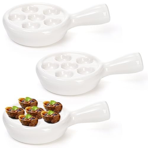 Frcctre 3 Pack Ceramic Escargot Plate With 6 Holes and Handle 4.8 Inch Small White Small French Escargot Baking Dish Seafood Snail Plates Barbecue Dish Scallop Dish Appetizer Dishes For Oven