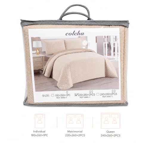 Miniatura 7 de Colcha Boutis Para Primavera Y Verano Bicolor Reversible Liso De Color Beig 2 Funda Cojin 50x70 Cm - Colcha Ligera Fina Entretiempo Cama 150, 240x260cm