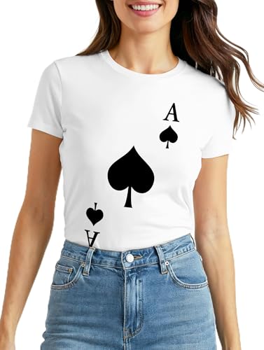 MoonWorks® Damen T-Shirt Kartenspiel Kostüm Spielkarten Gruppenkostüm Karten Fasching Karneval Faschingsshirt Slim Fit Weiss M
